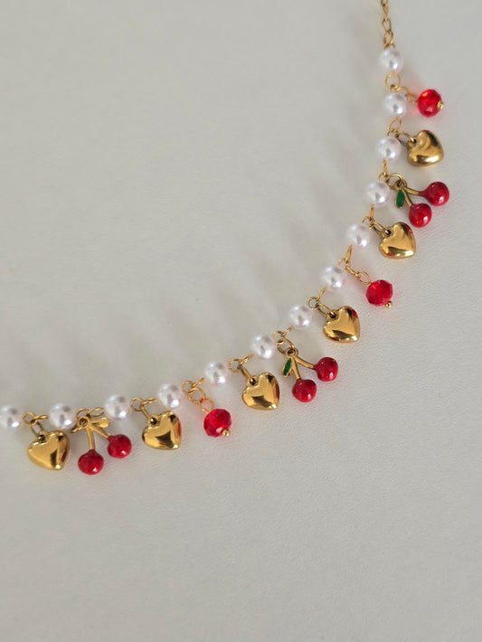 Bracelet en acier inoxydable charms cerises cœurs