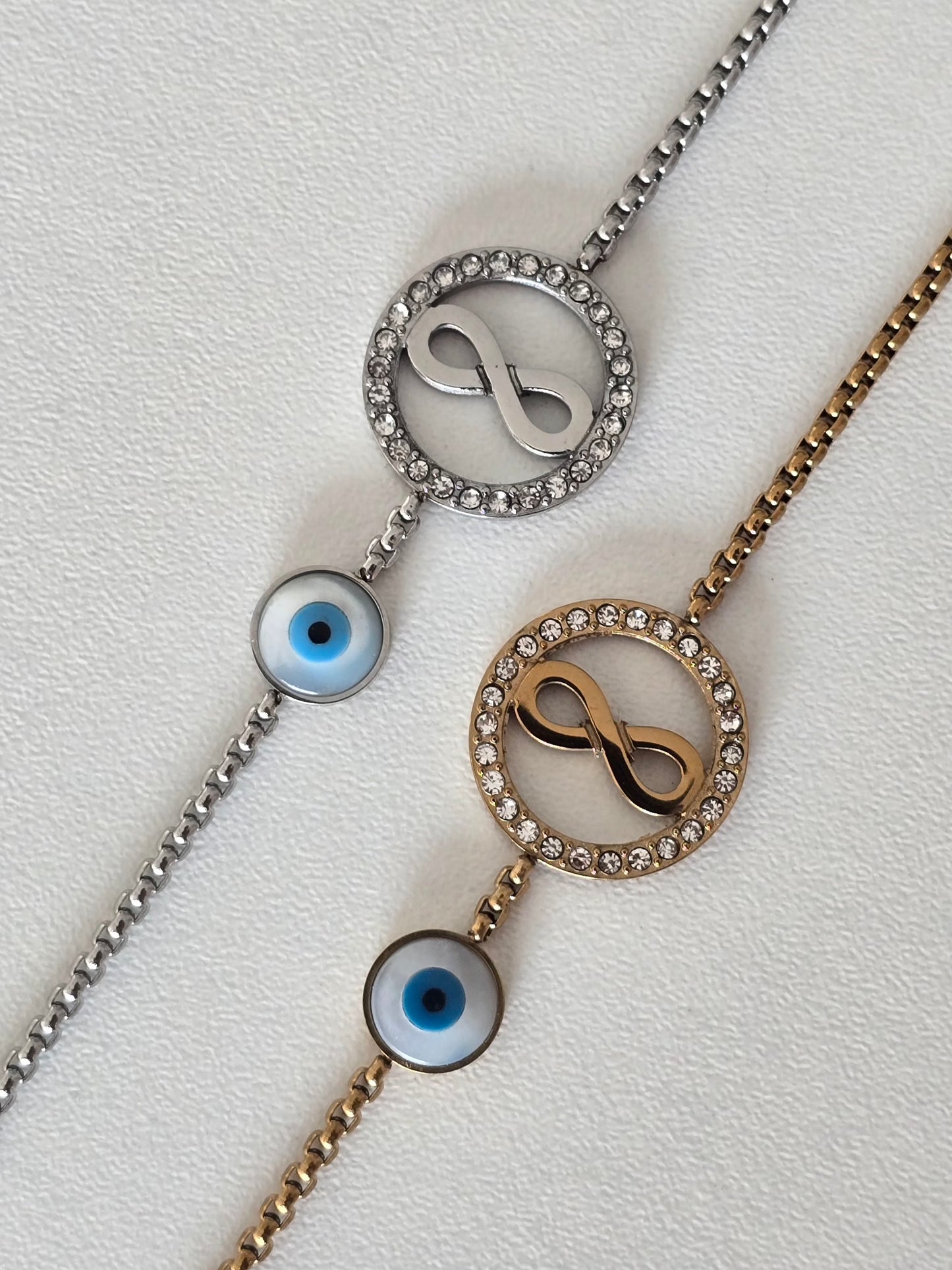 acier inoxydable bracelet avec symbole infini en strass et oeil bleu protecteur