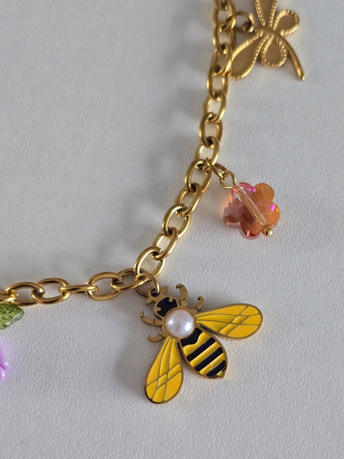collier élégant en acier inoxydable doré, charms printaniers et estivaux