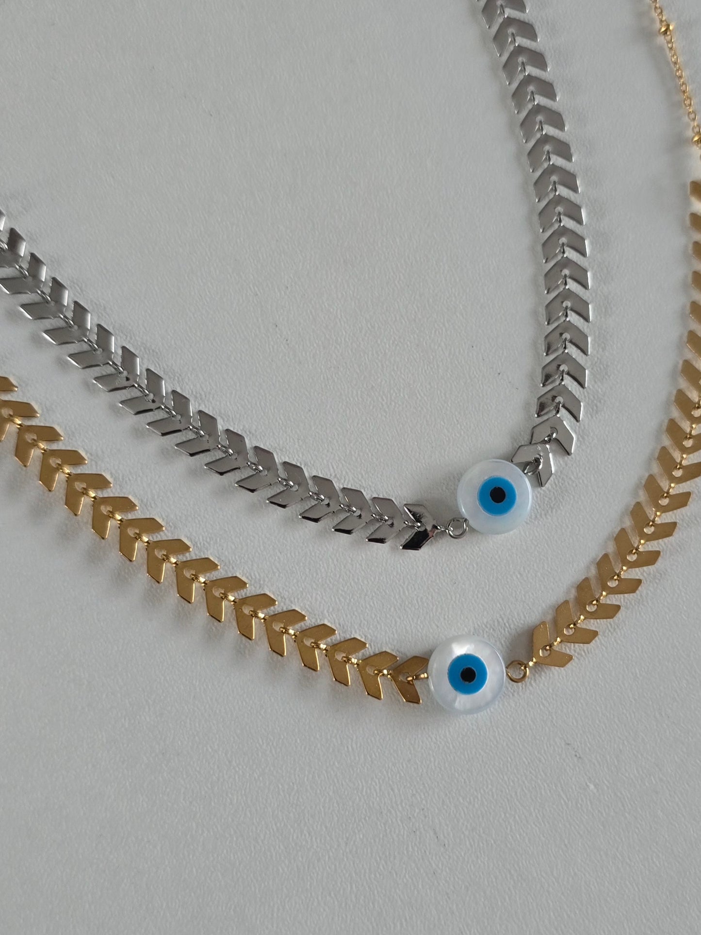 collier acier inoxydable femme, style épi, avec pendentif oeil protecteur bleu