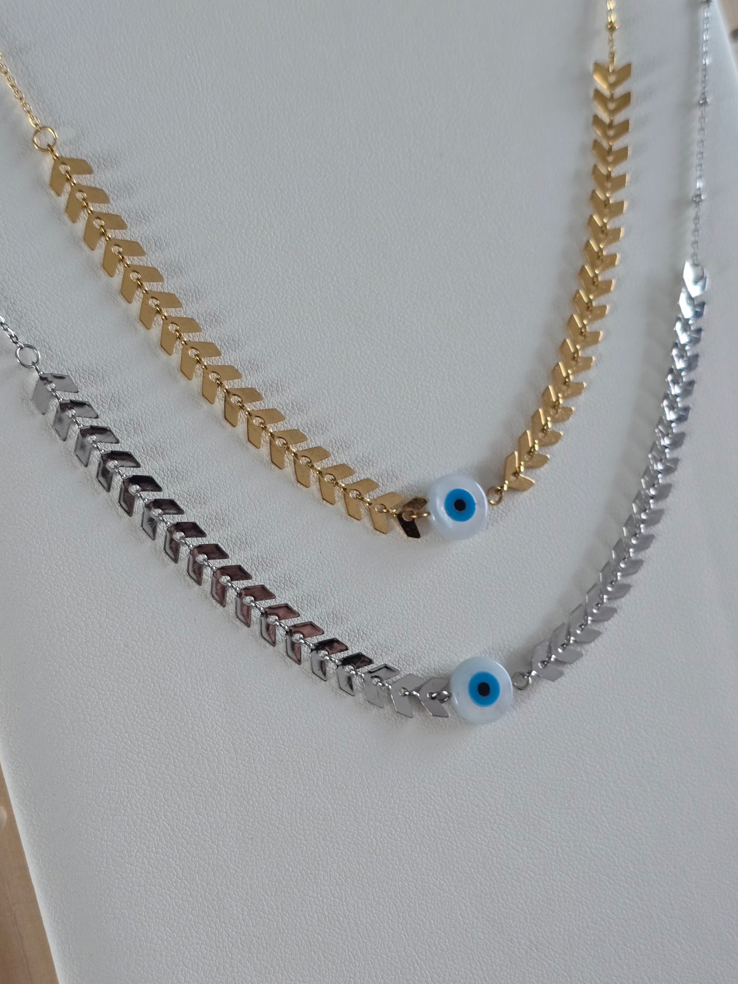 collier porte-bonheur, chaîne chevrons épi en acier inoxydable argenté et doré