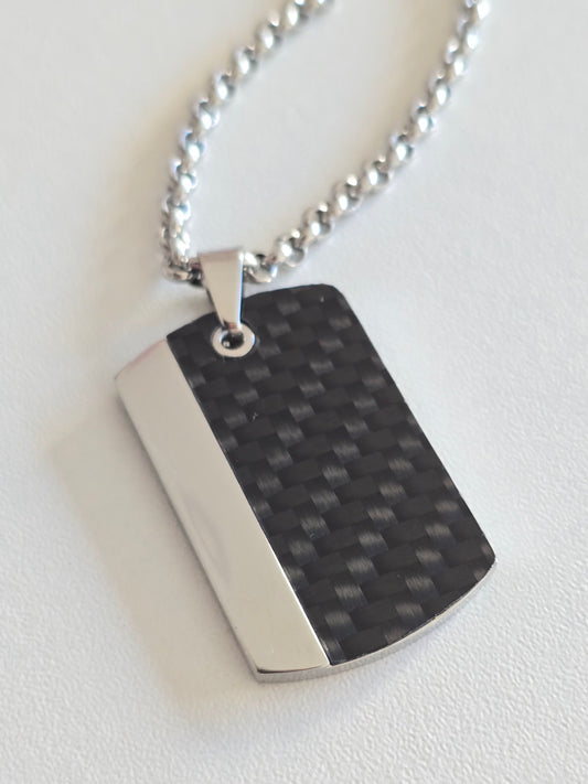 pendentif rectangulaire en acier inoxydable argenté et carbone noir