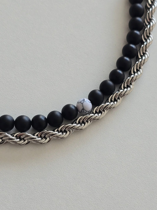 bracelet homme en acier inoxydable et perles noires mattes