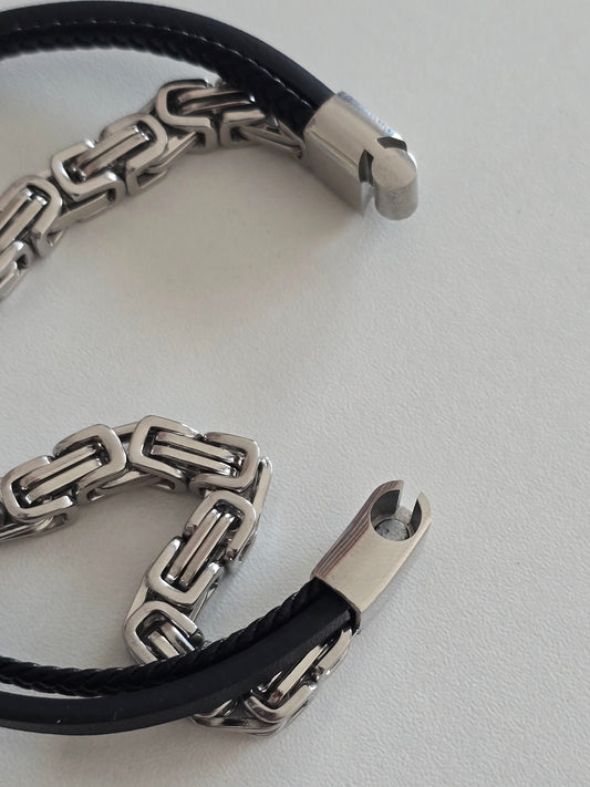 Bracelet homme Fusion en acier inoxydable et cuir synthétique noir