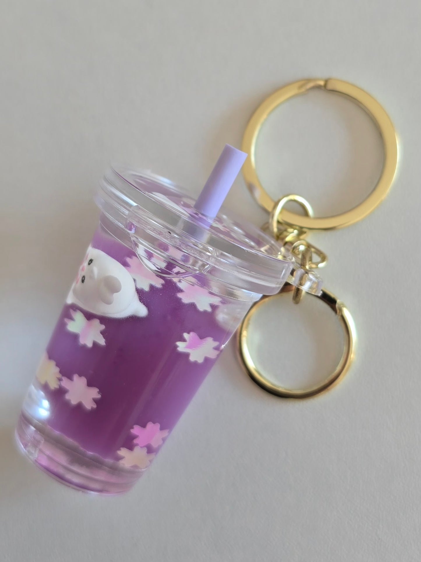porte-clé violet style bubble tea avec lapin et paillettes fleurs