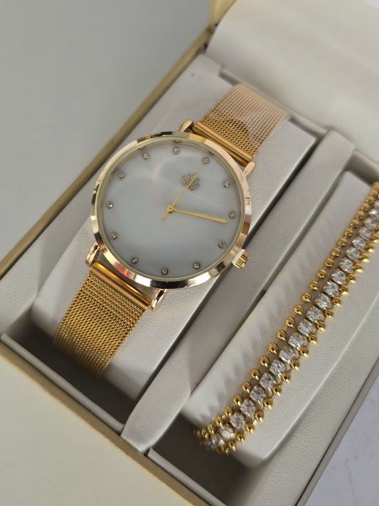 Montre dorée Calista avec cadran irisé et strass, accompagnée d'un bracelet et boucles coeur