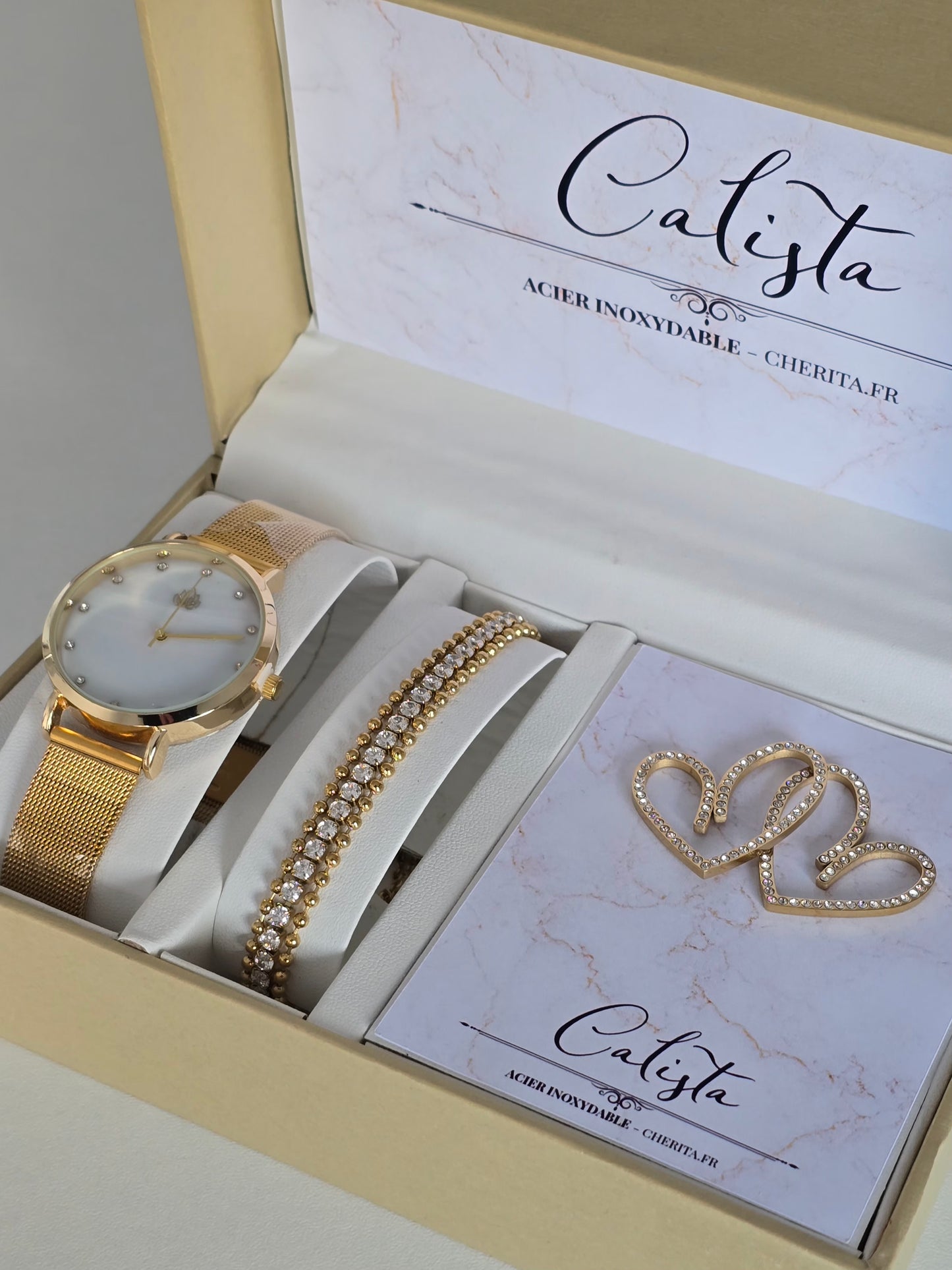 Coffret cadeau femme Calista en acier inoxydable doré