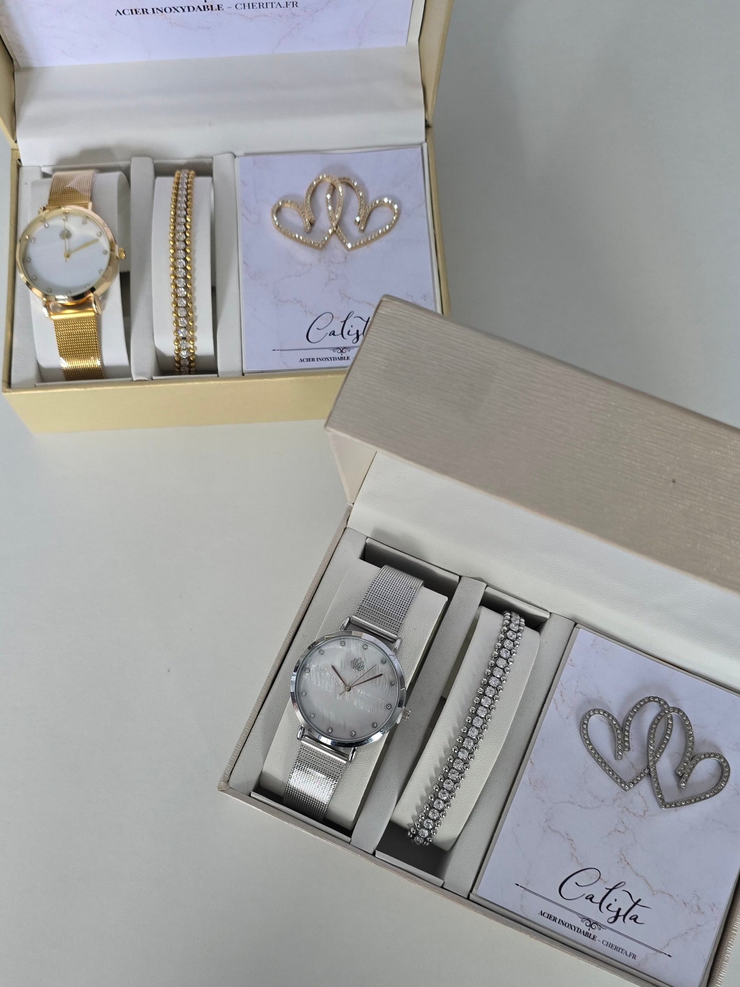 Ensemble cadeau Calista pour femme : montre, bracelet et boucles d'oreilles en argenté