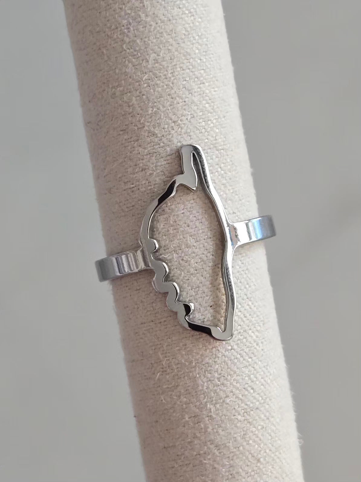 Bague ile de Beauté argentée en acier inoxydable, ajustable avec contour de la Corse et finition brillante.