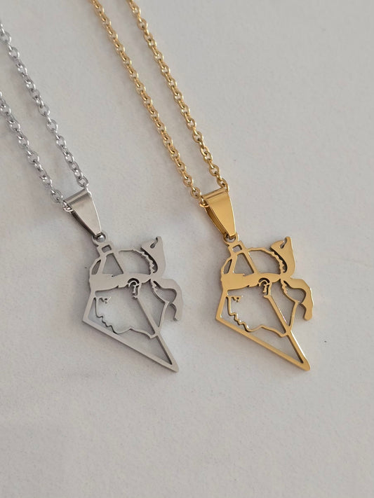 Collier Libertà doré et argenté en acier inoxydable avec pendentif Corse et de la Tête de Maure.