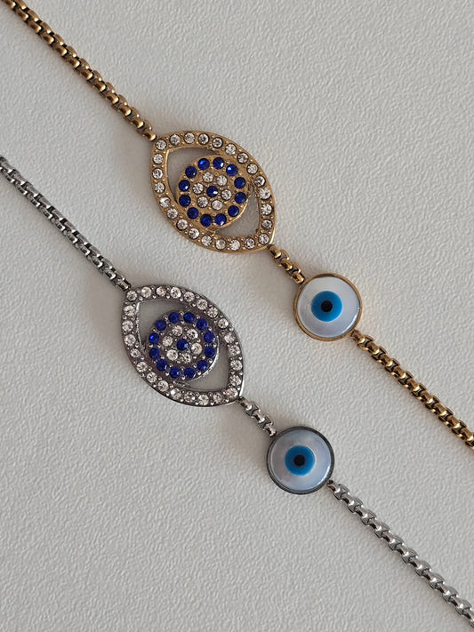 bracelet acier inoxydable oeil bleu strass