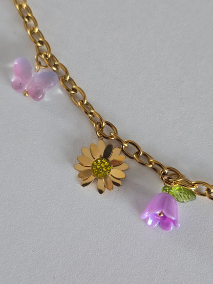 collier tendance en acier inoxydable vec charms fleuris et insectes doré