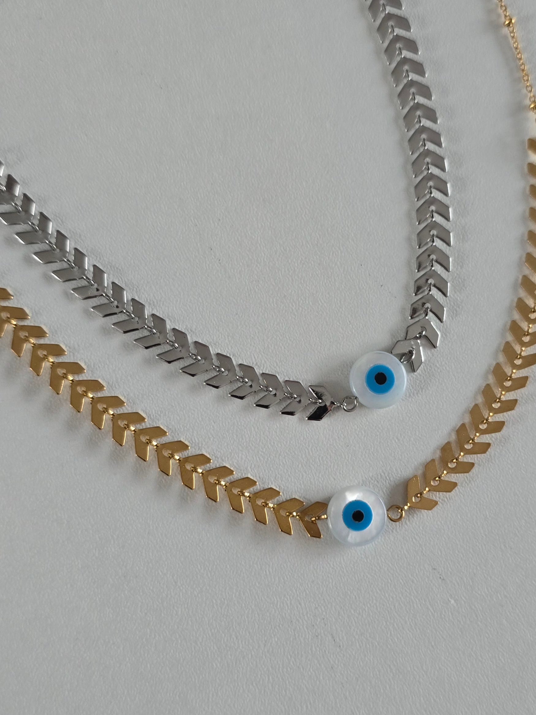 collier acier inoxydable femme, style épi, avec pendentif oeil protecteur bleu