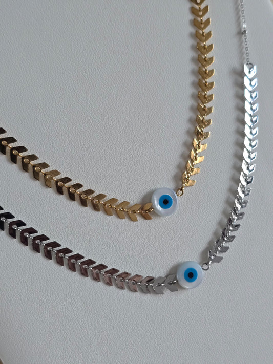 collier nazar en acier inoxydable doré et argenté, avec chaîne chevrons épi et oeil bleu protecteur