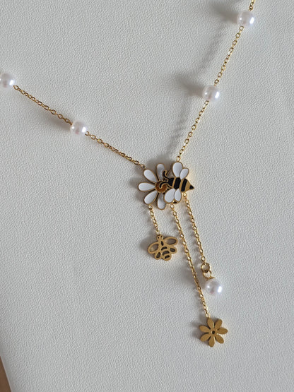 collier ras de cou en acier inoxydable avec charms fleurs et abeille
