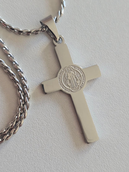 collier homme fidèle en acier inoxydable argenté avec croix double face