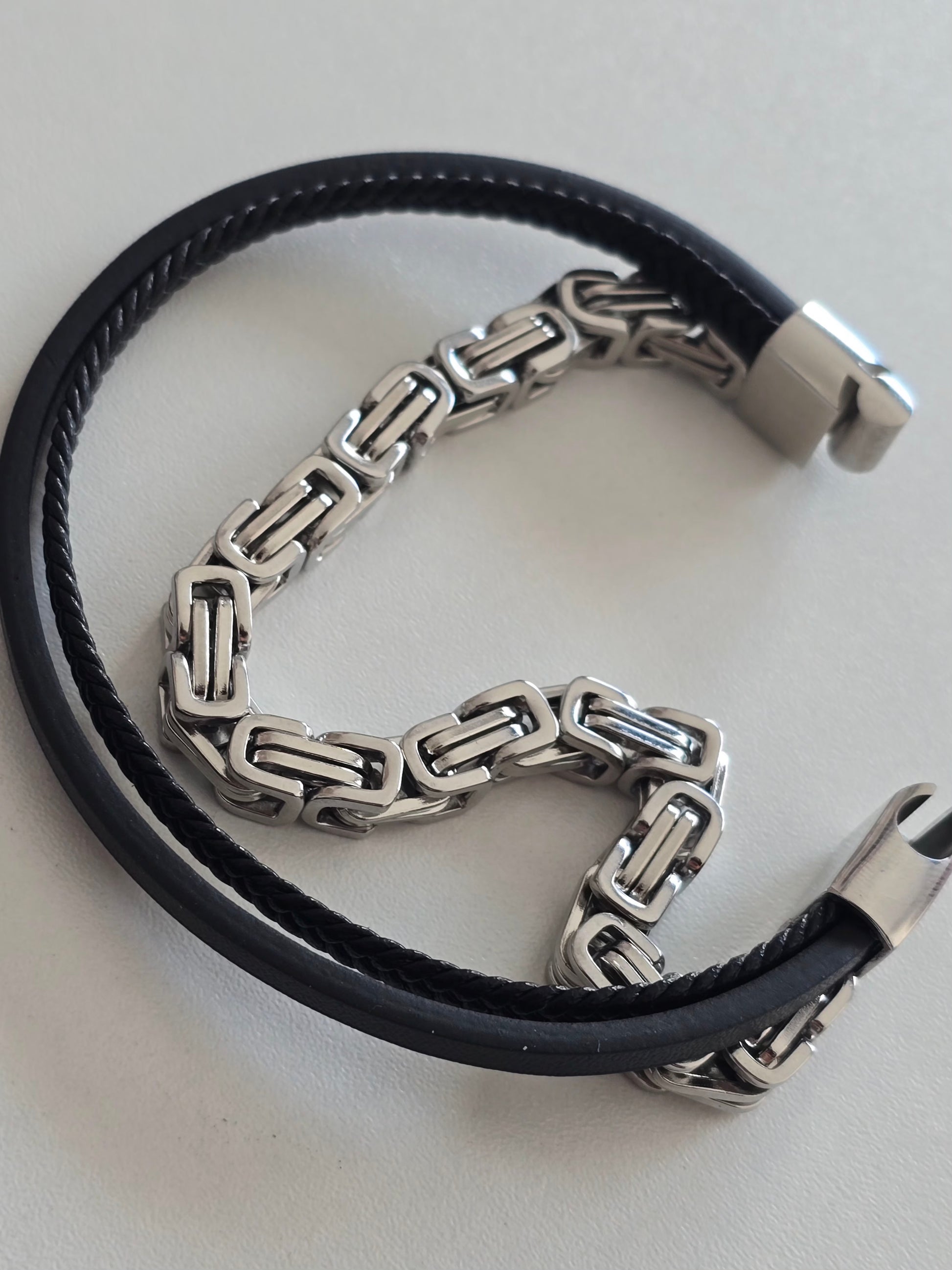 bracelet masculin Fusion associant cuir synthétique et acier
