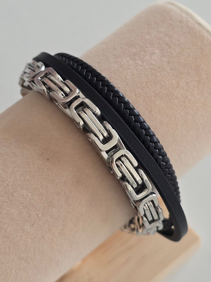 Bracelet homme robuste Fusion mélange acier et cuir noir