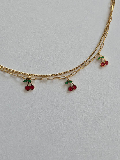 bracelet de cheville en acier inoxydable doré avec charms cerises rouges