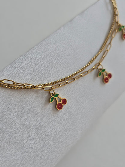 bracelet de cheville fantaisie doré double chaîne avec charms cerises 