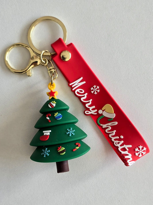 porte-clés Merry avec sapin de Noël décoré et sangle rouge Merry Christmas