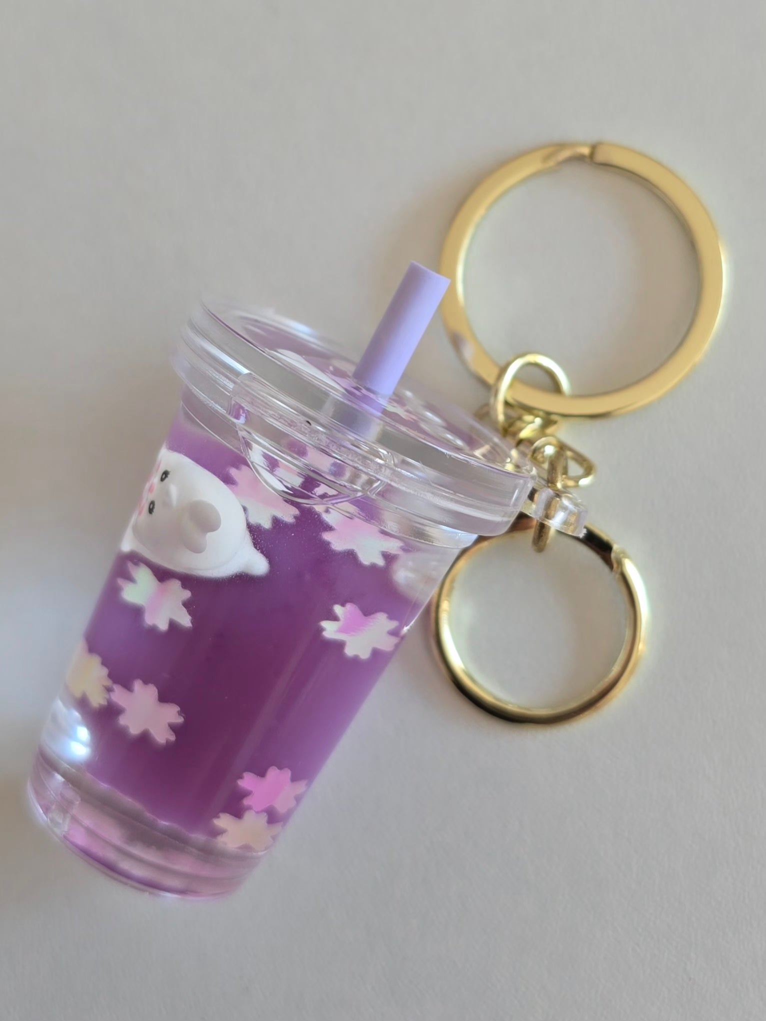 porte-clé violet style bubble tea avec lapin et paillettes fleurs