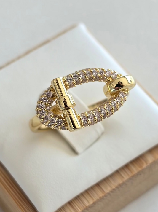 Bague Cléa ajustable en acier inoxydable doré sertie de strass argentés brillants