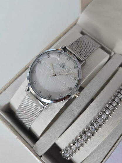 Bijoux Calista argentés : montre irisée, bracelet scintillant et boucles d'oreilles coeur