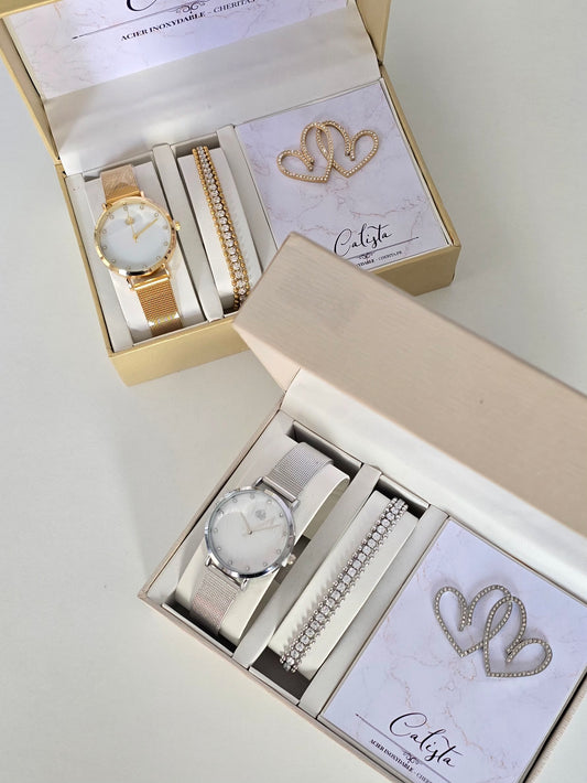 Coffret Calista doré avec montre, bracelet et boucles d'oreilles en acier inoxydable 