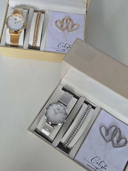 Coffret bijou Calista argenté composé d'une montre, bracelet et boucles d'oreilles