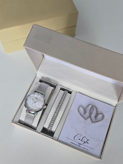 Montre argentée Calista avec bracelet en strass et boucles d'oreilles coeur