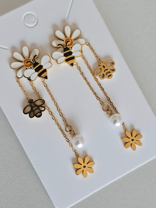 Boucles acier inoxydable abeille et fleur