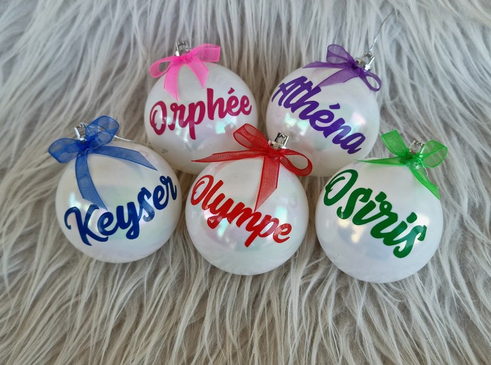 Boules de Noël avec les noms de nos amis à poils, car ils font parti de la famille 