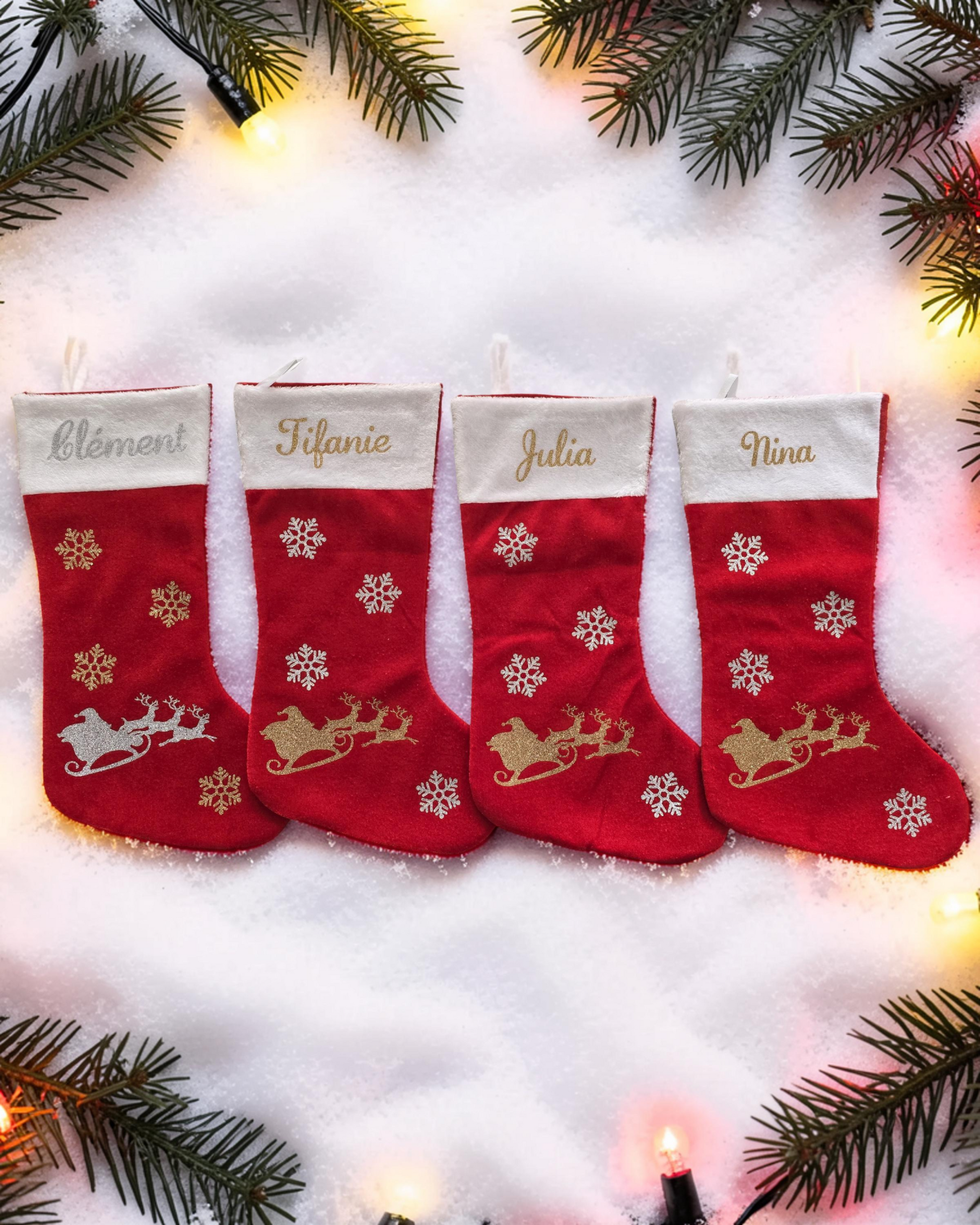 Chaussette de Noël personnalisé pour la famille, avec les prénom Clément, Tifanie, Julia e Nina
