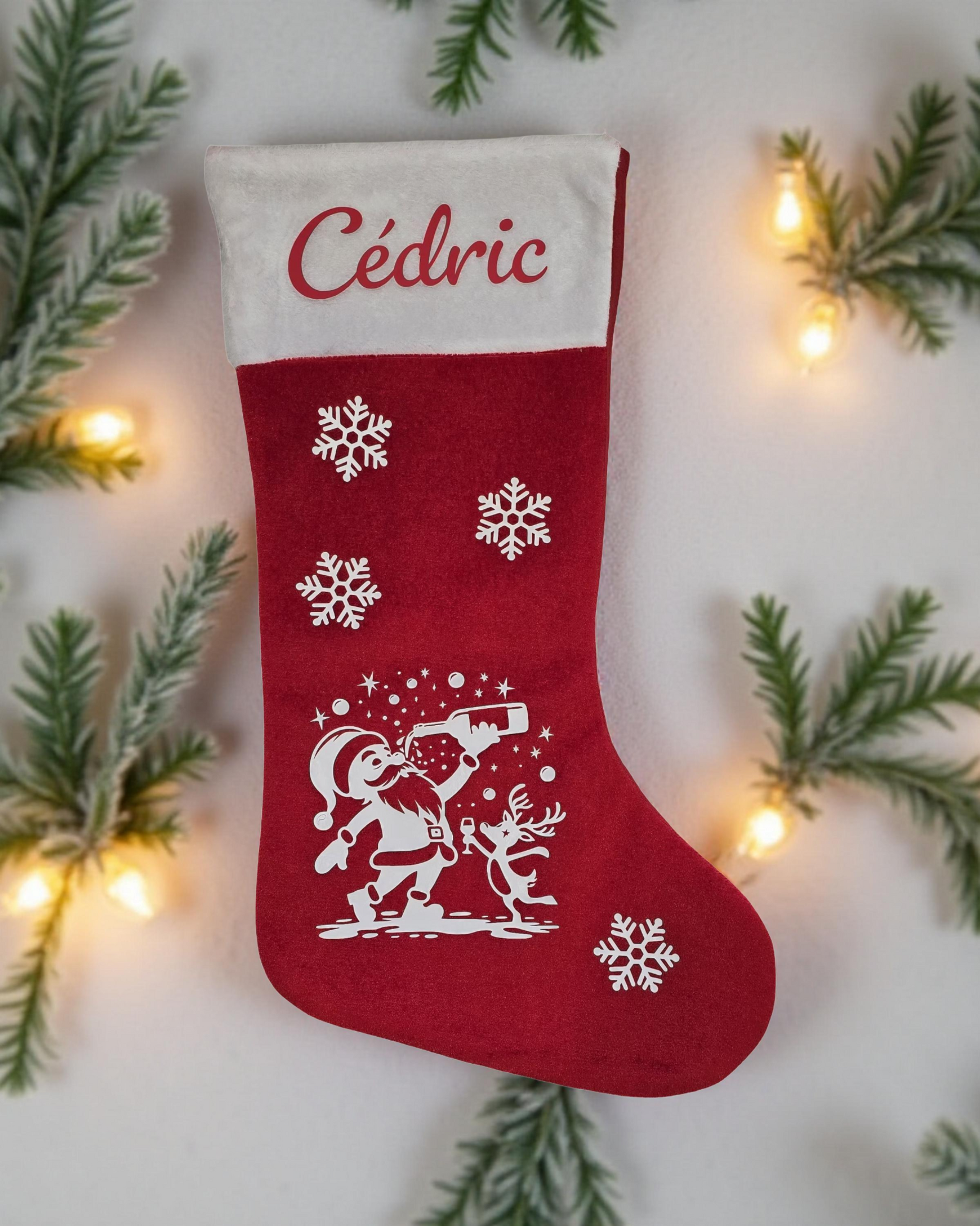 Chaussette de Noël personnalisées avec flocons et le père noël apéro bouteille de vin - avec le prénom Cédric