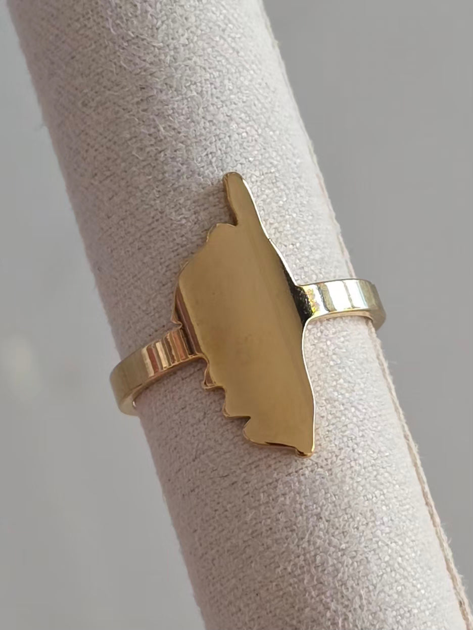 Bague Isula en acier inoxydable doré avec motif Corse, ajustable et finition brillante effet miroir.