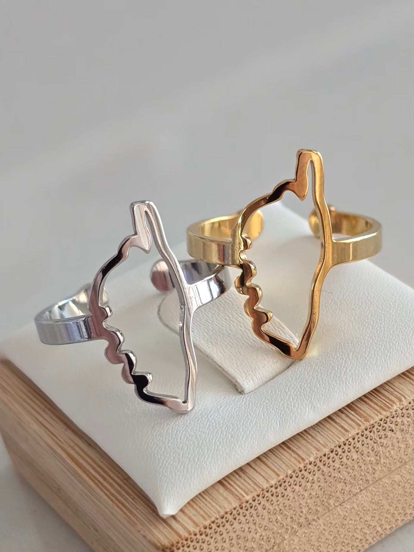 Détail du motif contour de la Corse sur la bague Île de Beauté en acier inoxydable effet miroir