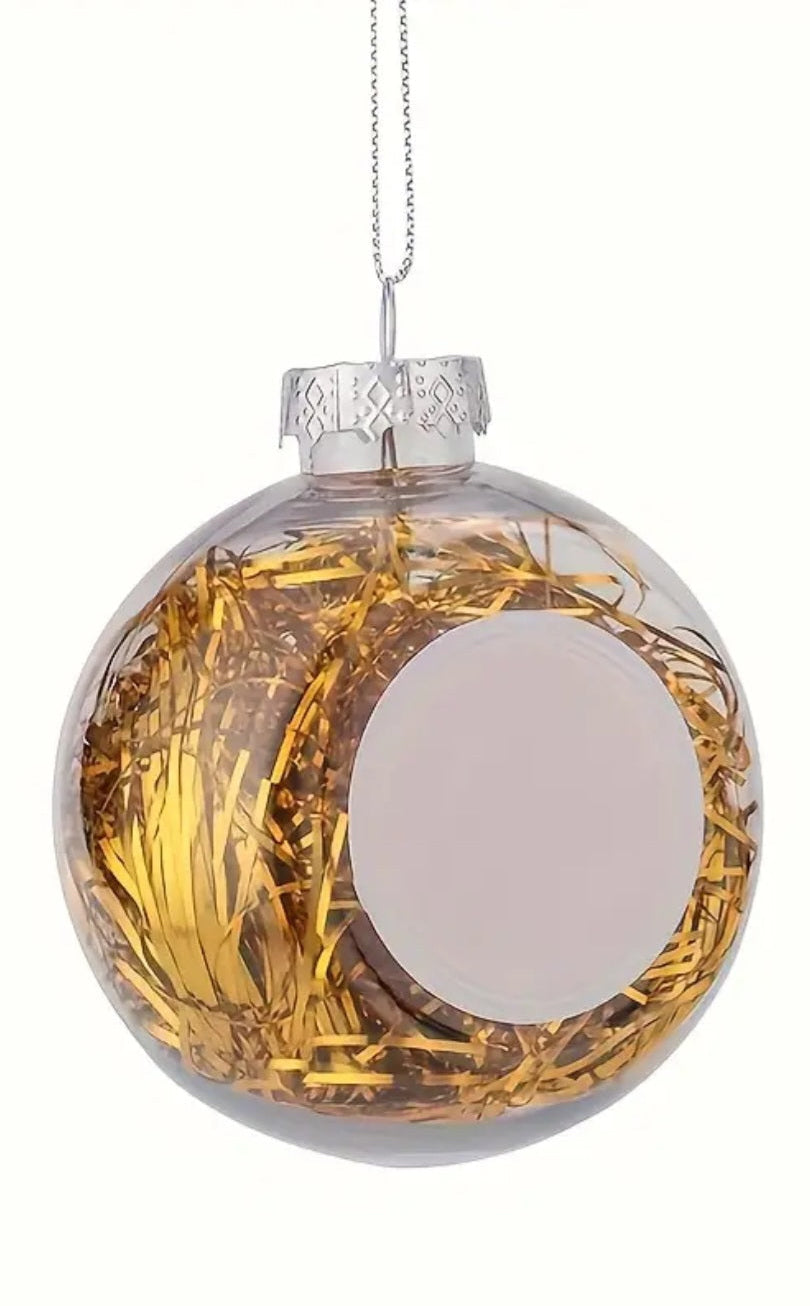 Boul de Noël personnalisée transparente avec cheveux d'ange dorés.