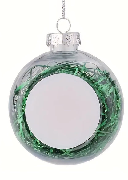 Boule de Noël personnalisée transparente avec cheveux d'ange verts et emplacement photo.