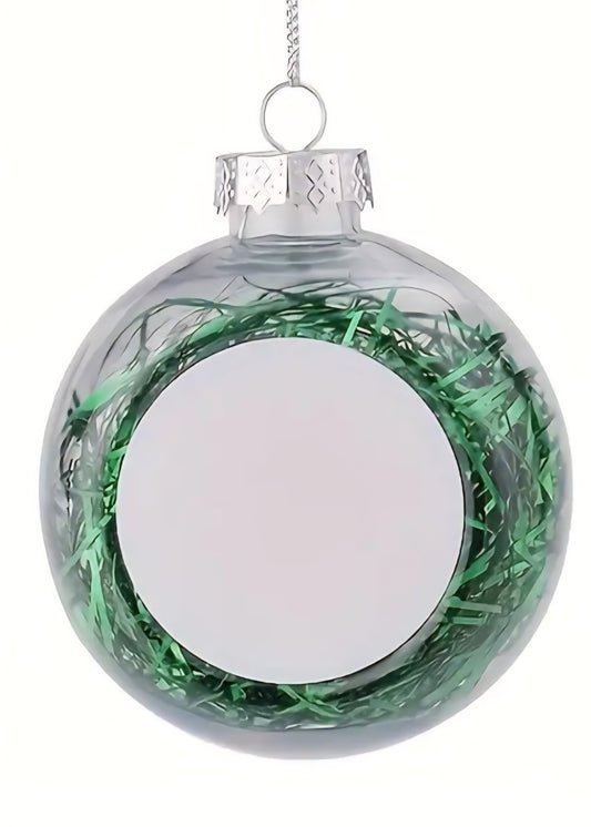 Boule de Noël personnalisée transparente avec cheveux d'ange verts et emplacement photo.