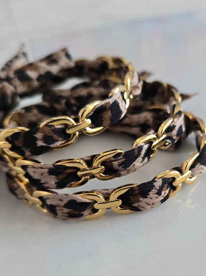 Bracelet Féline en acier inoxydable doré avec ruban léopard amovible
