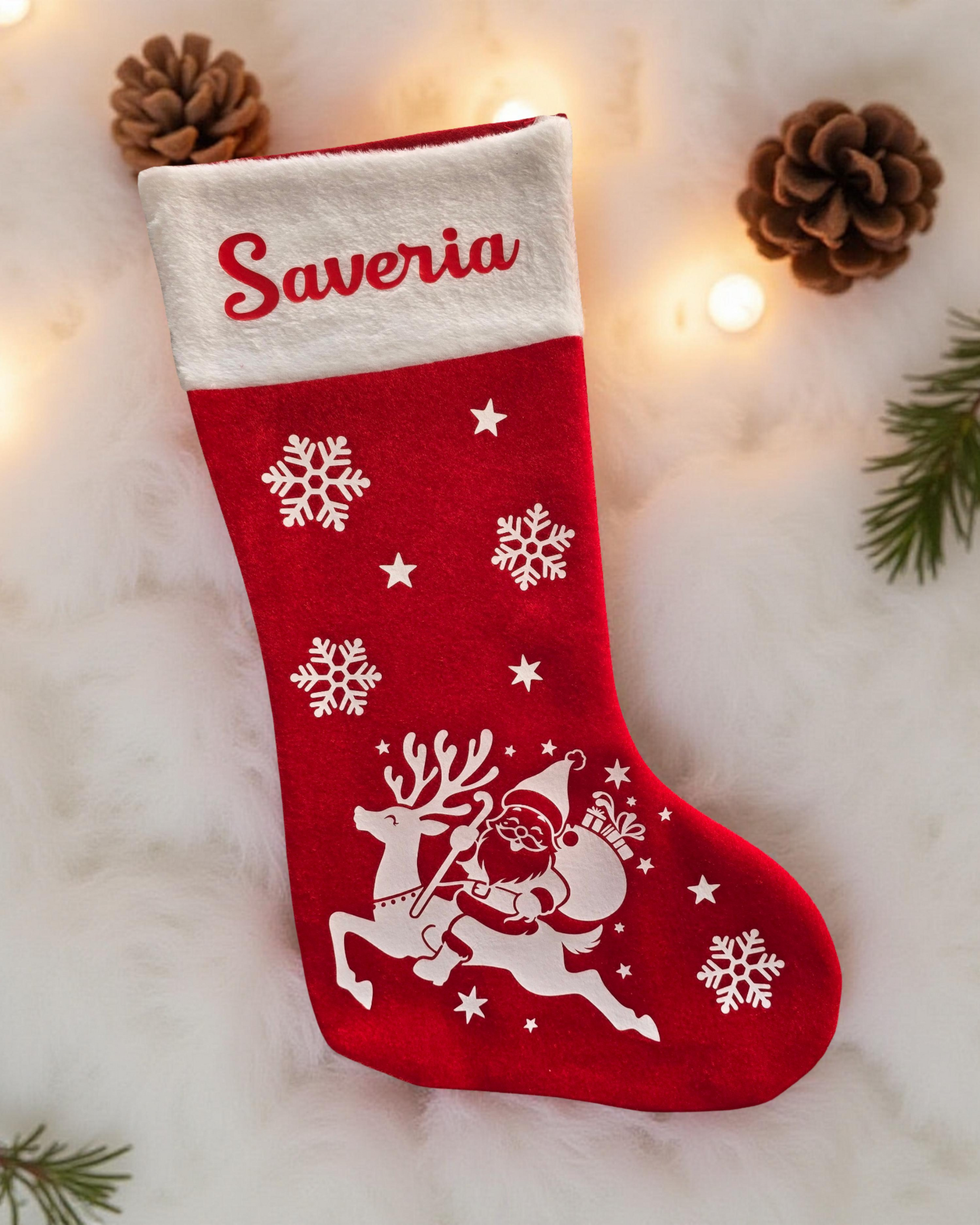 Chaussette de Noel avec prénom Saveria père noel et rennes