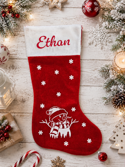 Chaussette de Noël personnalisée pour Ethan avec flocons et bonhomme de neige.