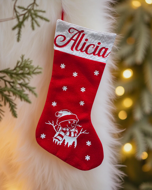 chaussette personnalisée avec prénom et motifs au choix - Alicia et bonhomme de neige + flocon