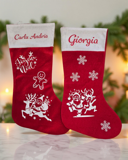 Chaussettes de Noël personnalisées pour Carlu Andria et Giorgia - Pain d'épice, Père Noël avec son renne, flocons.. 