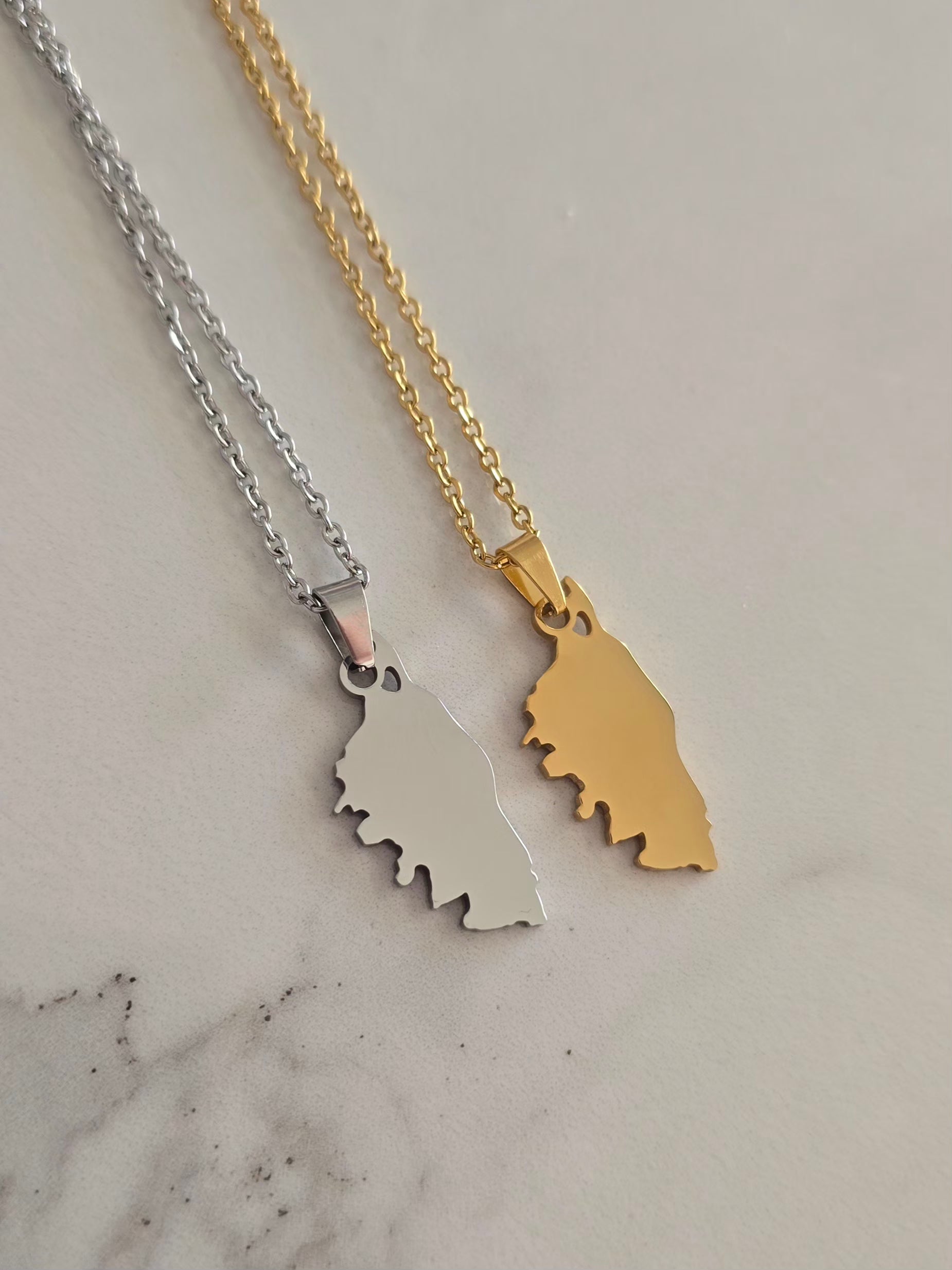 Colliers Isula en acier inoxydable doré et argenté avec pendentif Corse finition brillante.
