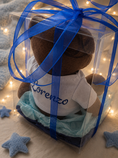 Peluche avec t-shirt personnalisé prénom Lorenzo - Dans sa boîte vu de dos.