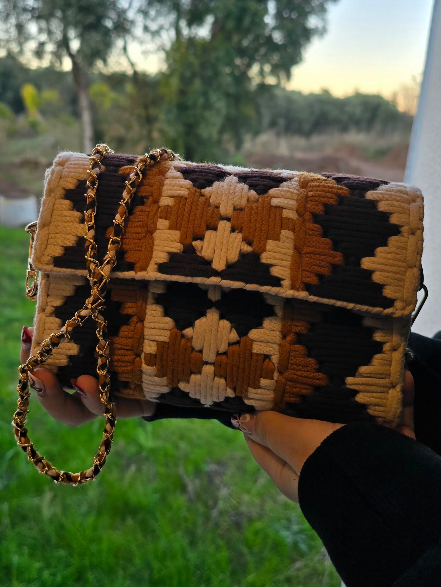 Sac bandoulière tricolore marron caramel beige fait main