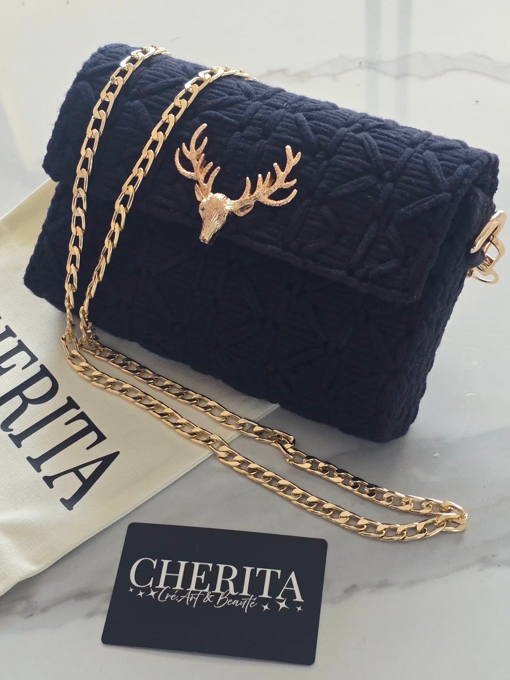 Sac bandoulière noir fait main avec cerf doré CHERITA