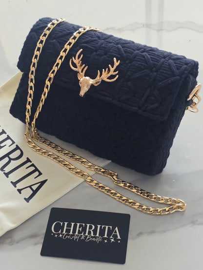 Sac bandoulière noir fait main avec cerf doré CHERITA